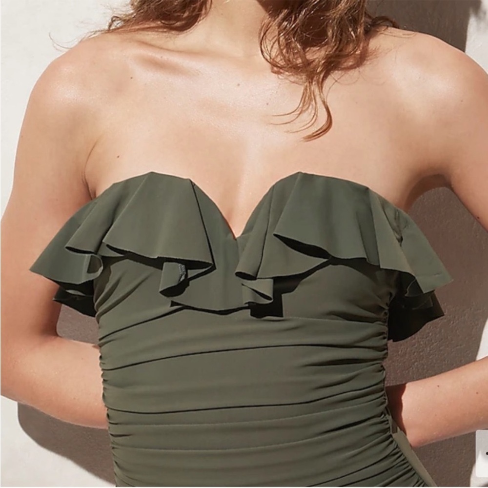J. Crew Matte Ruched One-Piece Swimsuit With Ruffles In Cyprus Green NWT Size 24
